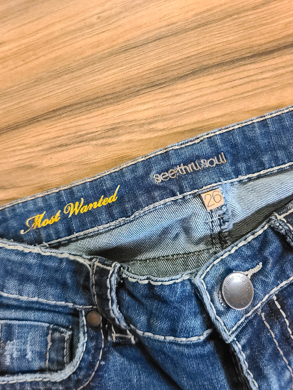 See Thru Soul Jeans 26in Bootcut Medium Wash With Flap Embroidered Pockets - Picture 2 of 8
